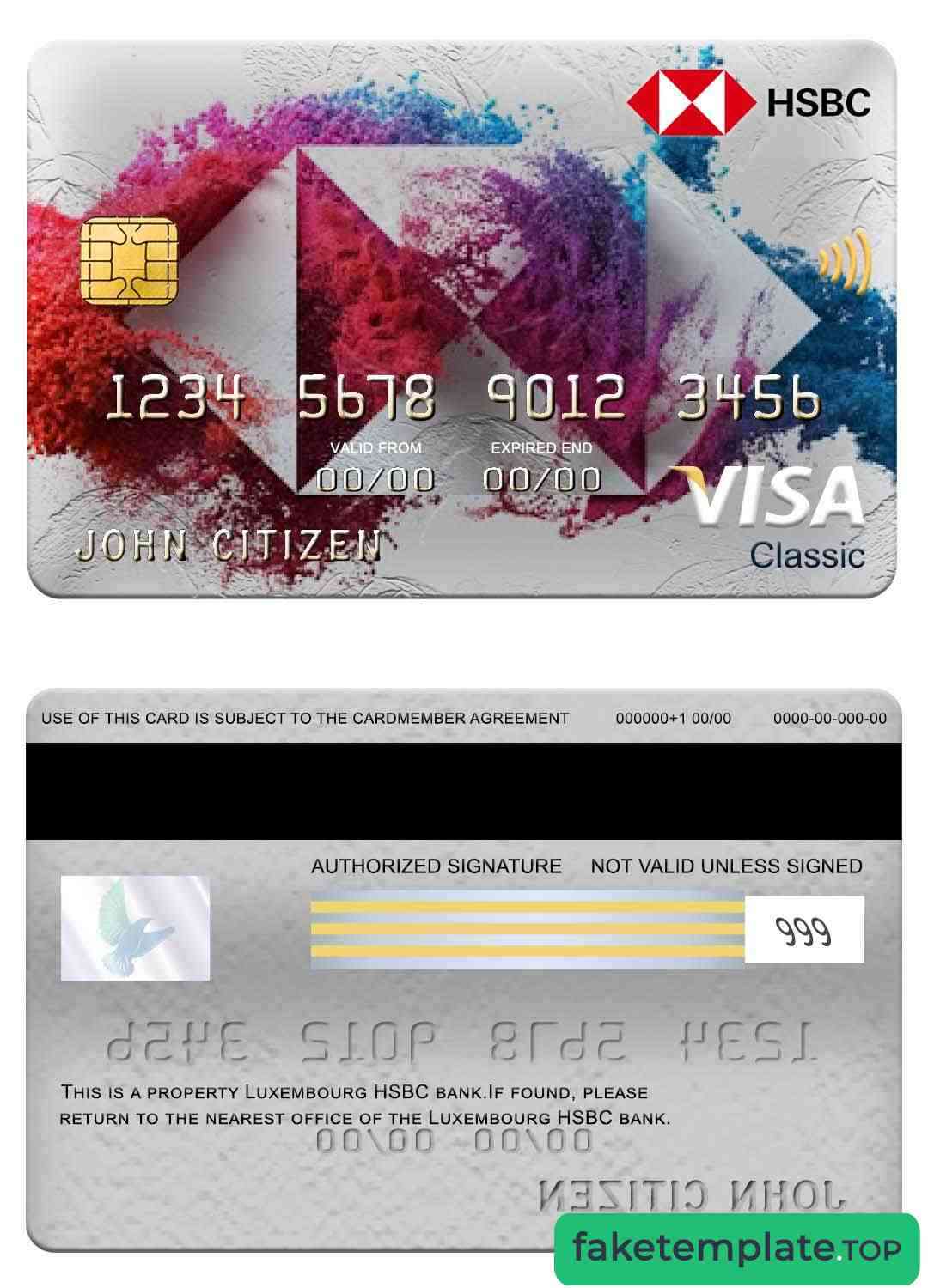 Feature of fake Luxembourg HSBC bank visa classic card